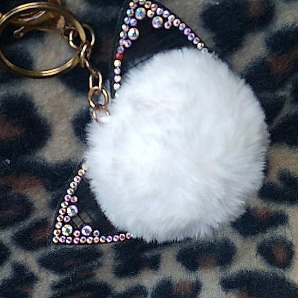 Rhinestone Bling Kitty ears Keychain/Purse Charm with white pom pom - Picture 1 of 2